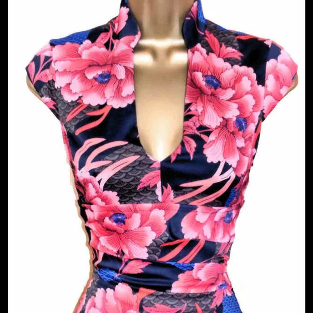 KAREN MILLEN  UK 10 Exquisite Rare Black Coral Satin Oriental Pencil Dress